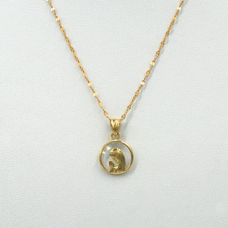 Medalla Virgen Niña de oro amarillo 18k con cristal combinada con cadena caffe de 40cm