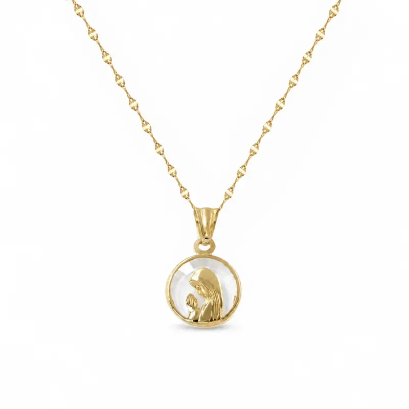 VN_12OC_DET9 Conjunto de Medalla Virgen Niña de 12mm con cadena caffe de 40cm, todo de oro amarillo 18k.