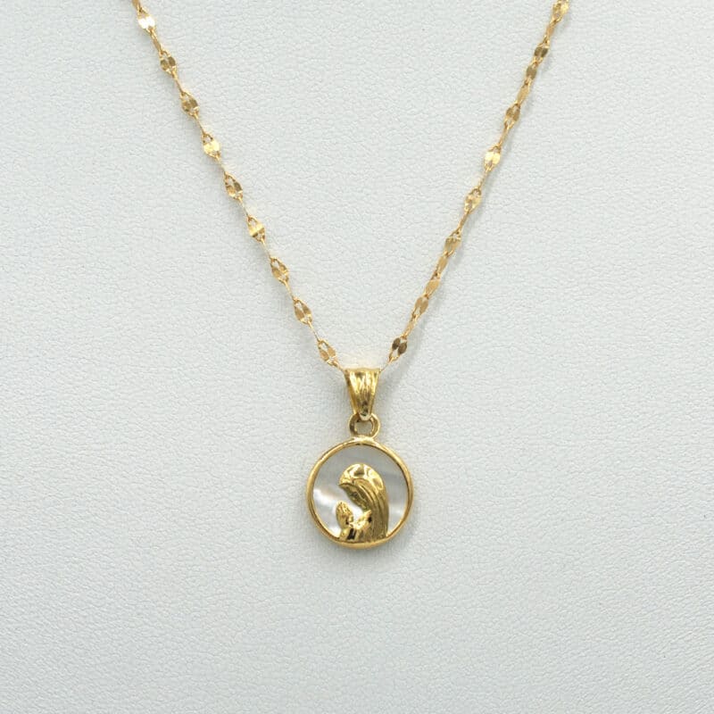 Medalla Virgen Niña de 12mm con cadena caffe, de oro amarillo 18k.