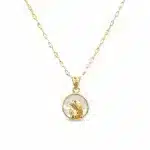Conjunto Medalla Virgen Niña 12mm con cadena caffe de 40cm. De oro amarillo 18k con madreperla.