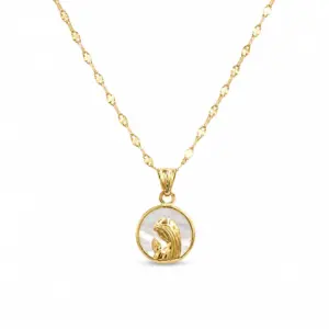 Conjunto Medalla Virgen Niña 12mm con cadena caffe de 40cm. De oro amarillo 18k con madreperla.