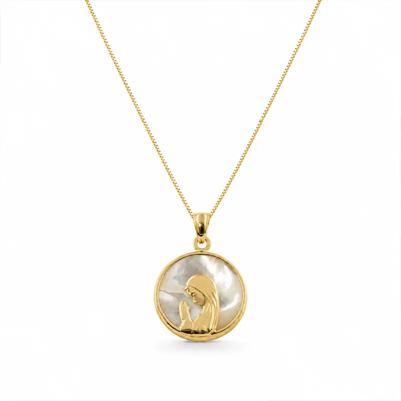 VN_17ON_VEN45_7 Conjunto completo de medalla virgen niña de 17mm con cadena veneciana de 45cm. Piezas de oro amarillo 18k.