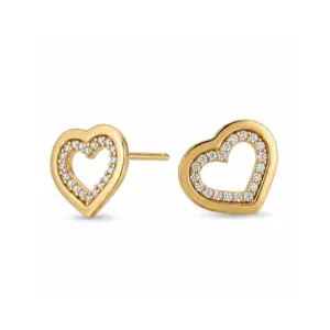 Aros Corazón de Oro Amarillo 18K con circones brillantes. Diseño romántico, oro macizo y acabado premium.