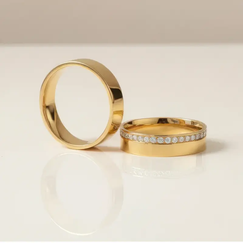 argollas de matrimonio oro amarillo 18k. Modelo femenino con media vuelta de diamantes y modelo masculino liso.